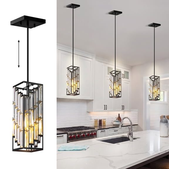 3-Pack Pendant Lights for Kitchen Island, Black Mini Crystal Chandelier, Modern Hanging Pendant Lighting Fixture, E26 Base