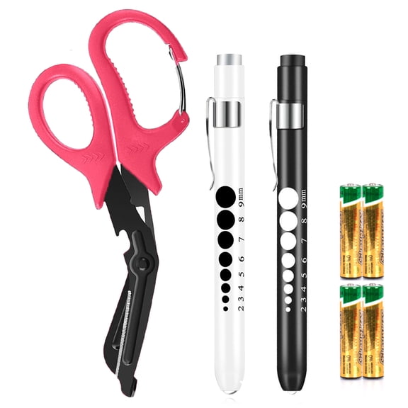 3 Pack Penlight and Bandage Scissors for Nurses, Black and White LED Pen Light with Pupil Gauge and 7.5 Inches Pink Trauma Shears with Carabiner for Nurse Doctor First Aid（Includes Battery)
