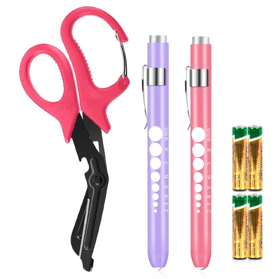 3 Pack Penlight and Bandage Scissors for Nurses, Pink and Purple LED Pen Light with Pupil Gauge and 7.5 Inches Pink Trauma Shears with Carabiner for Nurse Doctor First Aid（Includes Battery)