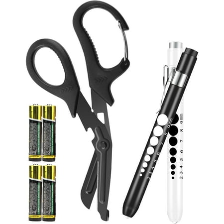 3 Pack Penlight and Bandage Scissors for Nurses, Two LED Pen Light with Pupil Gauge and One 7.5 Inches Trauma Shears with Carabiner for Nurse Doctor EMT First Aid(Including Four Batteries)