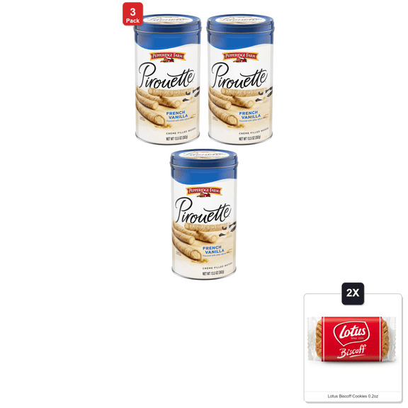 3 Pack | Pepperidge Farm Pirouette Cookies, French Vanilla Flavored Crme Filled Wafers, 13.5 Oz Tin & 2x Lotus Biscoff Cookies 0.2oz