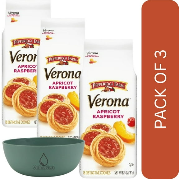 3 Pack Of Pepperidge Farm Verona Apricot Raspberry Thumbprint Cookies, 6.75oz Bag  Buttery Shortbread with Fruit-Filled Centers, Perfect for Snacking, With Olive Green Bowl By ValueNest