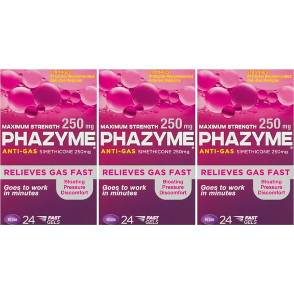 3 Pack - Phazyme Maximum Strength 250 MG Softgels, 24 Each