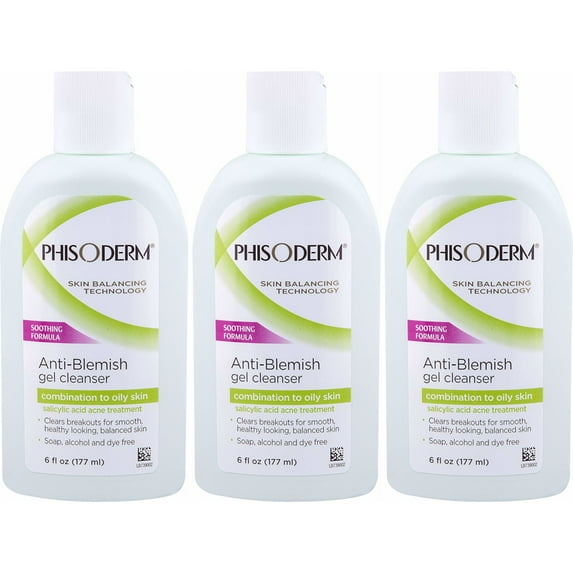 3 Pack Phisoderm Anti-Blemish Gel Cleanser Soothing Formula 6 oz Ea by Phisoderm