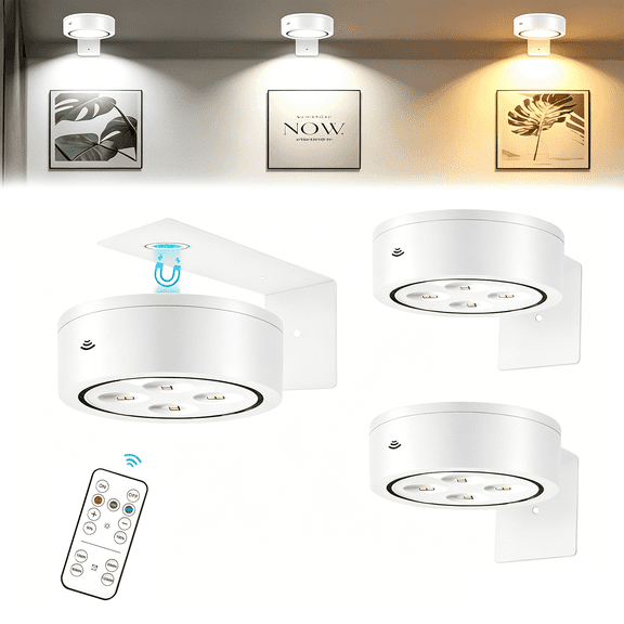 3 Pack Picture Light, Battery-Powered Cordless Picture Lights, with Remote Control Support 3 Color Temp Dimming and Timer for Artwork Painting Portrait Photos Lighting, Wall Decorations (White)