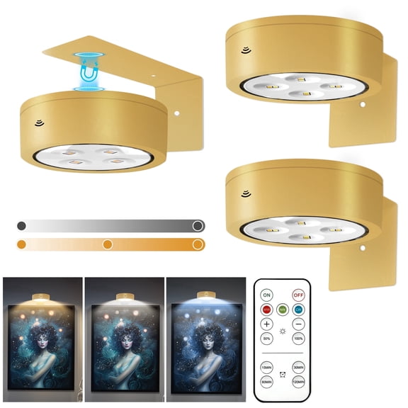 3 Pack Picture Light, Battery-Powered Cordless Picture Lights, with Remote Control Support 3 Color Temp Dimming and Timer for Artwork Painting Portrait Photos Lighting, Wall Decorations (Gold)
