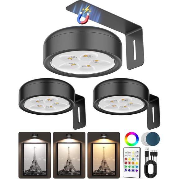 3 Pack Picture Lights for Wall, LED Puck Lights with Remote, 3 Color Temps and 12 RGB, Dimming & Timber, Art Frame Light for Painting Display, Photos, Wall Decor