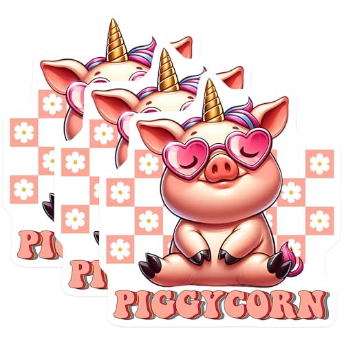 (3 Pack) Piggycorn Decals - Pig Unicorn - Funny Pig - Heart Glasses - 3 Inches On Longest Side - Easy Peel & Apply - Made in USA - 3MCS6700