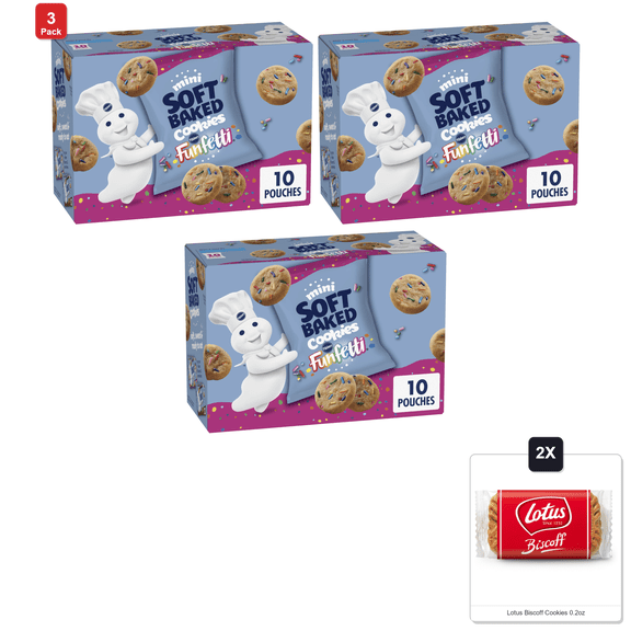 3 Pack | Pillsbury Mini Soft Baked Cookies, Funfetti, Snack Bags, 10 Ct, 10 Oz & 2x Lotus Biscoff Cookies 0.2oz