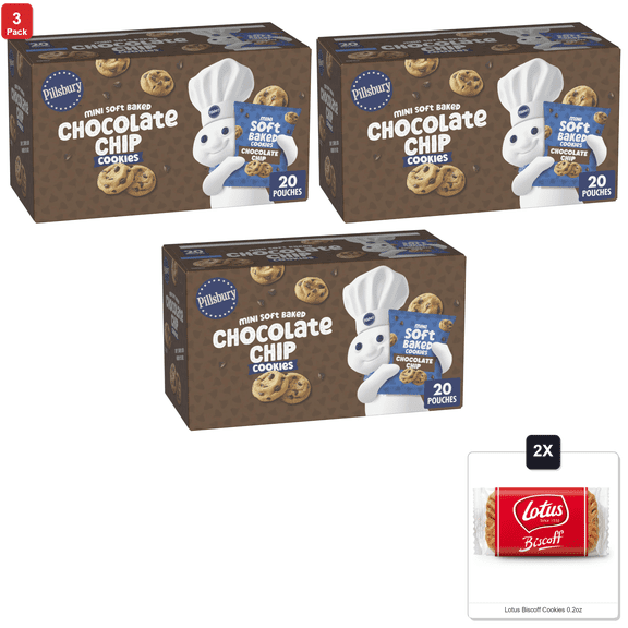 3 Pack | Pillsbury Soft Baked Mini Chocolate Chip Cookies 20 Count & 2x Lotus Biscoff Cookies 0.2oz
