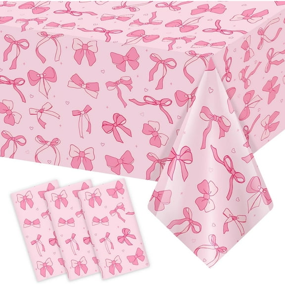 3 Pack Pink Birthday Bow Party Decorations Tablecloths, Large Size 54 X 108 Inch Bow Table Cloth Plastic Table Cover Girls Birthday Tablecloth Rectangular