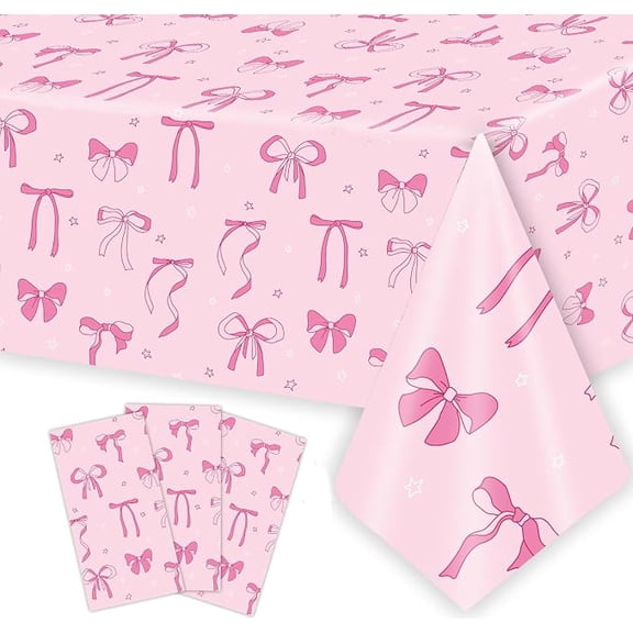 3 Pack Pink Bow Tablecloths 54 x 108 Inches Coquette Birthday Bachelorette Party Decorations
