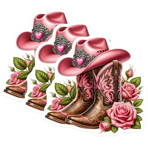 (3 Pack) Pink Cowgirl Decals - Cowboy Boots Sticker - Laptop Decal - 3 Inches On Longest Side - Easy Peel & Apply - Made in USA - 3MCS4304