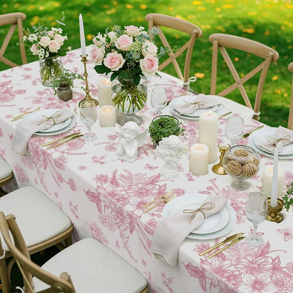 3 Pack Pink Floral Plastic Tablecloths, 54x108in Disposable Vintage Tea Party Table Covers for Wedding Garden Birthday Events