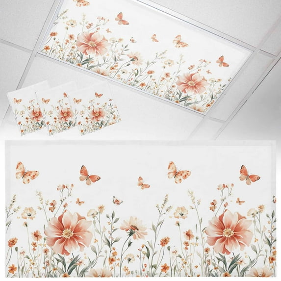 3 Pack Pink Flower Fluorescent Light Covers for Ceiling Lights Butterfly Wildflower Leaf Pastoral Style Magnetic Ceiling Light Covers Overhead Light Filters for Office Classroom Home