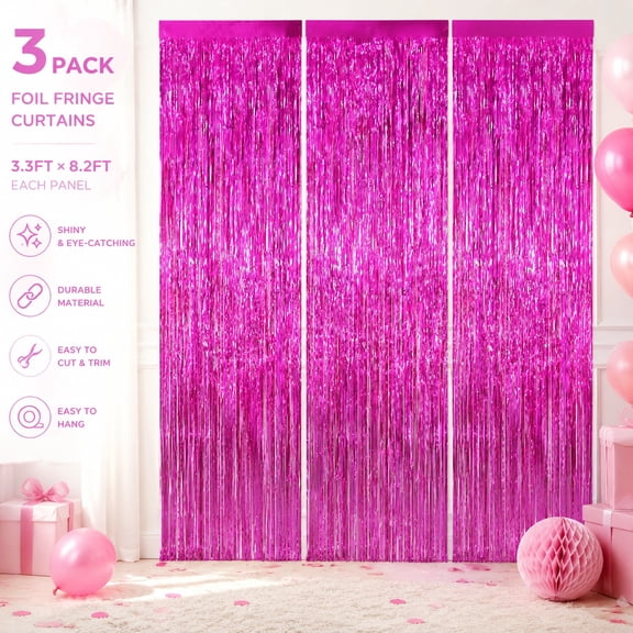 3 Pack Pink Foil Fringe Backdrop Curtains 3.3x8.2 Feet Tinsel Streamers Party Decorations for Birthday, Graduation, Baby Shower, Gender Reveal, Disco