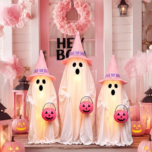 3 Pack Pink Holiday Halloween Outdoor Decoration 30'' & 26'' Cute Ghost Standing with Witch Hat Pumpkin Light Coquettish Preppy Party Decor for Front Door Porch Yard Porch Lawn Garden