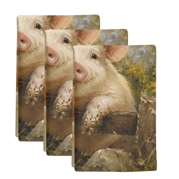 3 Pack Pink Pig Kitchen Towels Rustic Farmhouse Yellow Wildflower Green Grassy Ground Decorative Dish Towel Sets Absorbent Quick Dry Hand Cloths Tea Towels for Cooking Baking Farmhouse Gifts 18x28in