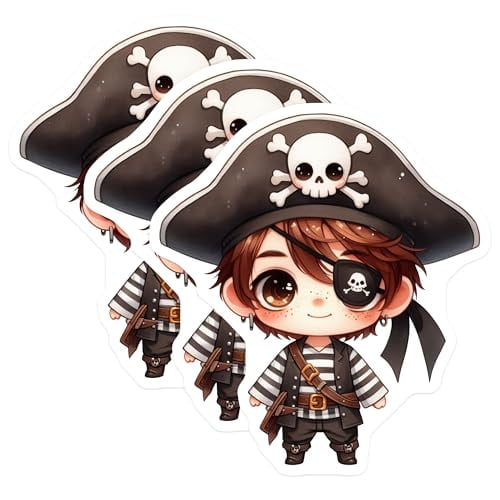 (3 Pack) Pirate Decals - Cartoon Pirate Decal - Laptop Decals- 3 Inches On Longest Side - Easy Peel & Apply - Made in USA - 3MCS5553