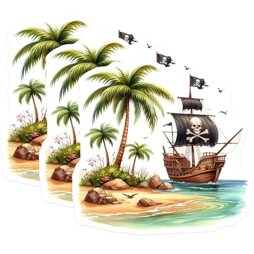 (3 Pack) Pirate Ship Decals - Island Decal - Laptop Decal- 3 Inches On Longest Side - Easy Peel & Apply - Made in USA - 3MCS5534