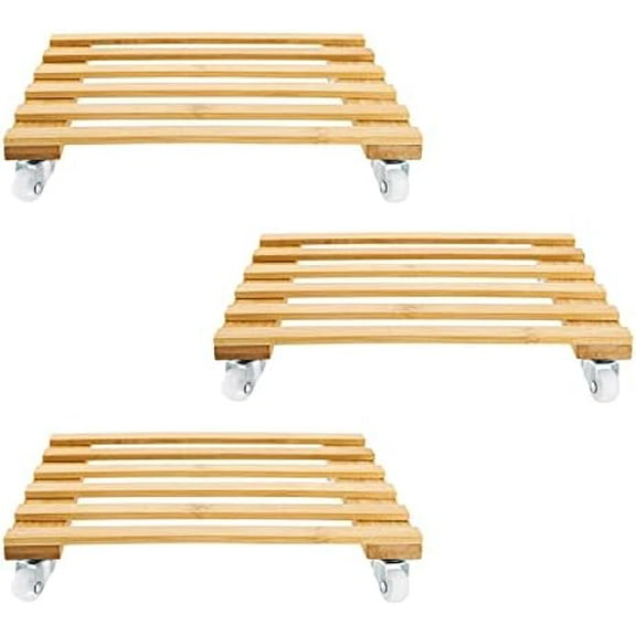 3 Pack Plant Caddy, Bamboo Plant Stand with Rolling Wheels, Mobile Flower Pot Mover Roller, Heavy Duty Plant Pot Pallet Dolly Caster for  Outdoor, Holds up to 100 Lbs, 12 Inch Square