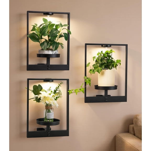3 Pack Plant Stand with Lights Hanging Planters for Indoor Plants,Picture Frame Wall Plant Holder Metal Modern Style Floating Plant Rack for Living Room Window Balcony Garden Patio Bedroom Entryway
