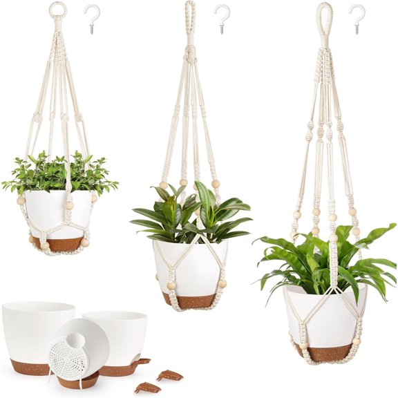 3 Pack Planters for Indoor with Self Watering, Outdoor Pots with 35"/29"/23" Macrame Hangers, 2 Types of Baskets for Garden Decor