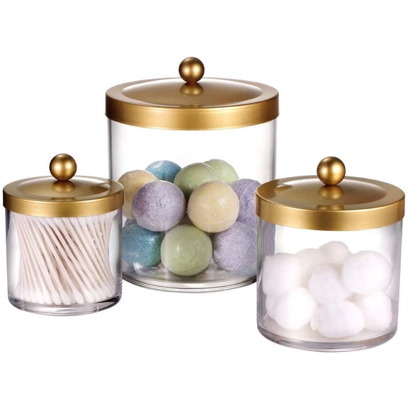 3-Pack Plastic Apothecary Jars with Gold Metal Lids - Large 50oz, 25oz & 15oz Clear Acrylic Storage Set Shatterproof Modern Luxury Vanity Home Organizer Glam Decor
