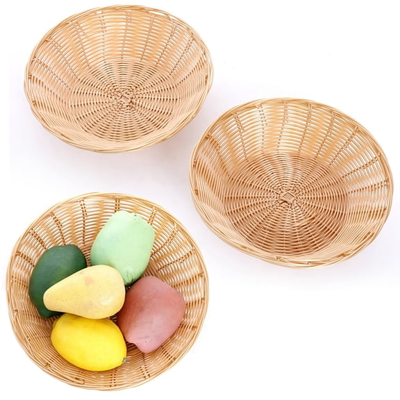 Bexikou 3 Pack 9.4 Inch Beige Handwoven Plastic Bread Baskets, Multi-Use Food Storage Serving Baskets for Kitchen, Restaurant, Bakery, Party, Family Gatherings - Pantry Organizer Baskets for Snacks,