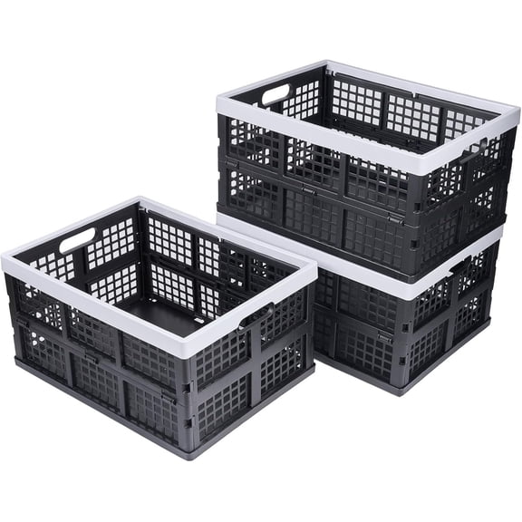 3-Pack Plastic Collapsible Storage Crates-30L,Foldable Plastic Crates for Storage (Black+Gray)