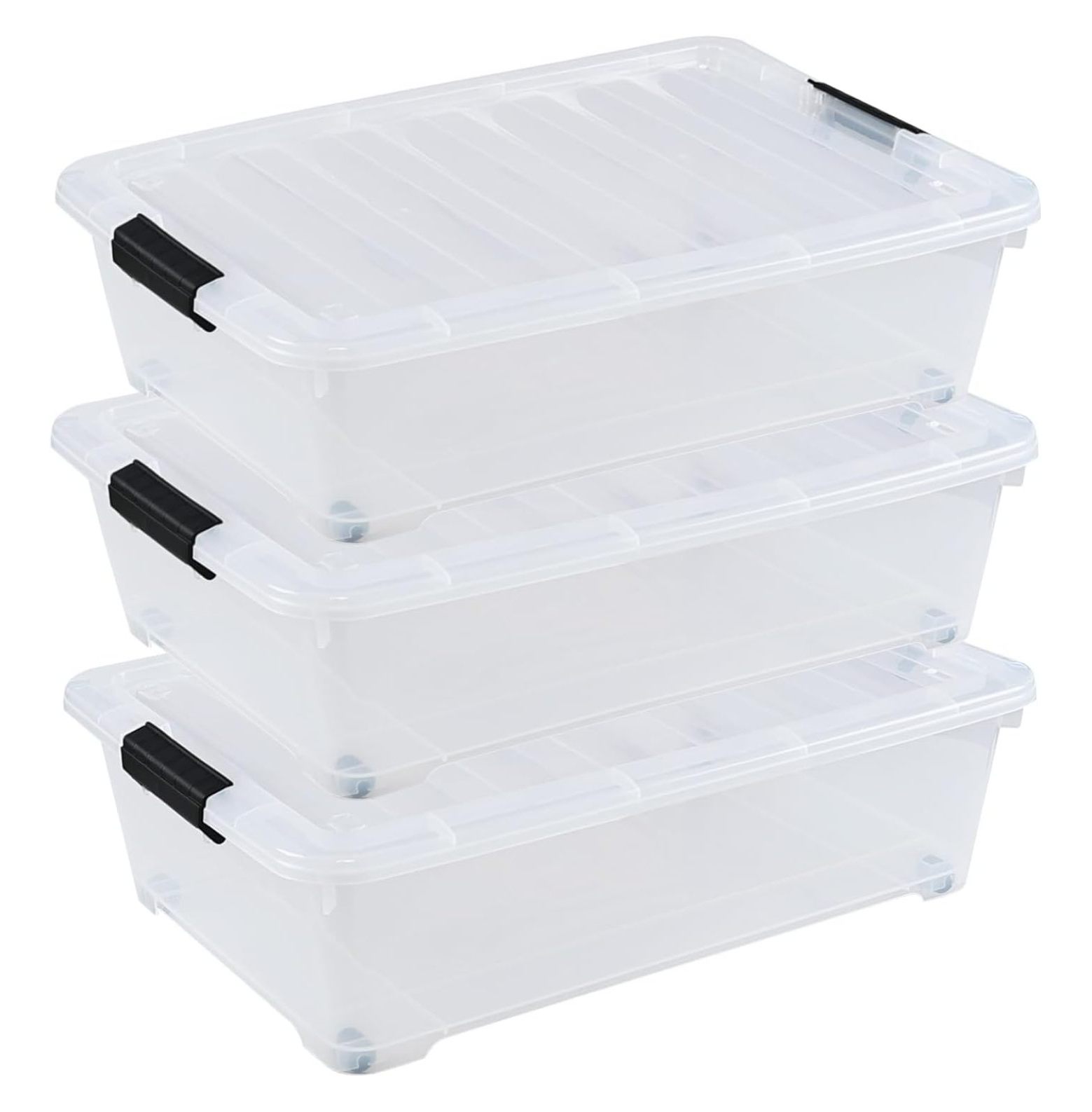 3 Pack Plastic Flat Storage Bins with Lids, 25 Quart Clear Underbed
