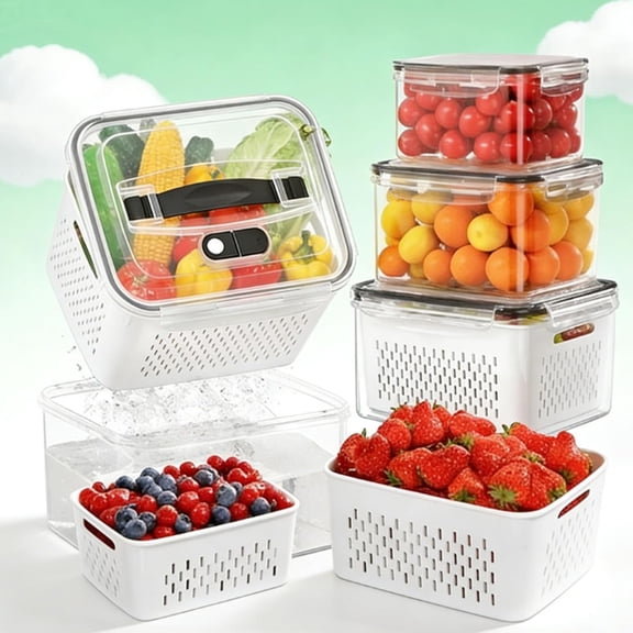 3-Pack Plastic Fruit Containers with Removable Colander, 4 in 1 Fruit Storage Containers, Strawberry Keeper for Refrigerator, Stackable Kitchen Storage,Keep Vegetable Fresh Longer