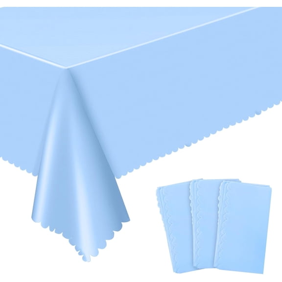 3 Pack Plastic Light Blue Tablecloth, 54 X 108Inch Disposable Baby Blue Scalloped Dessert Tablecoth for Rectangle Table Waterproof Spring Table Cover for BBQ Picnic Wedding Birthday Baby Shower Decor