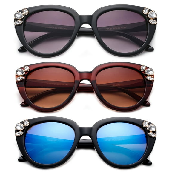 3 Pack Plastic Oversized Frame Cateye Bufferfly Rhinestone Fashion Sunglasses for Women