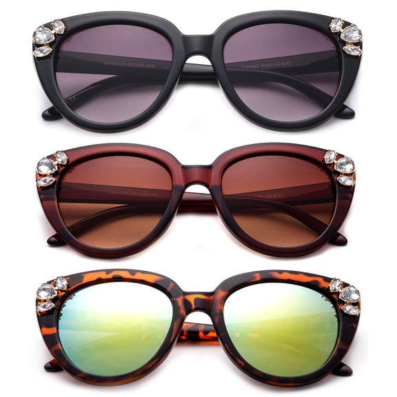3 Pack Plastic Oversized Frame Cateye Bufferfly Rhinestone Fashion Sunglasses for Women