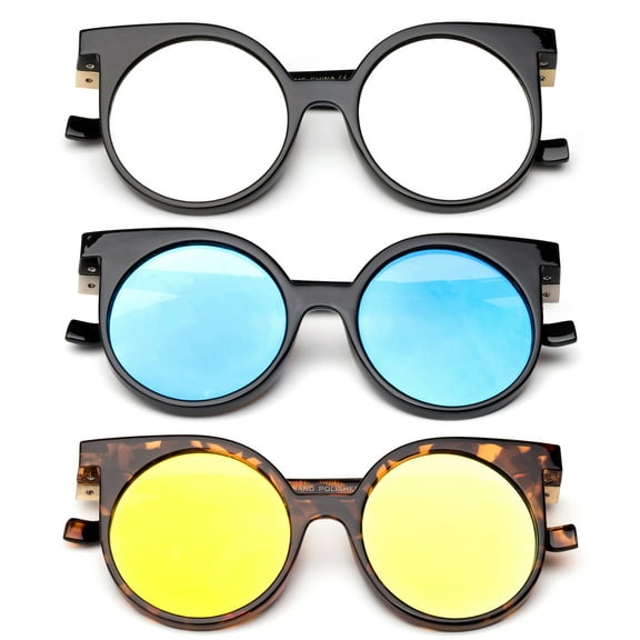 3 Pack Plastic Round Frame Fashion Sunglasses for Men for Women, Flash Mirror, Flat Lens