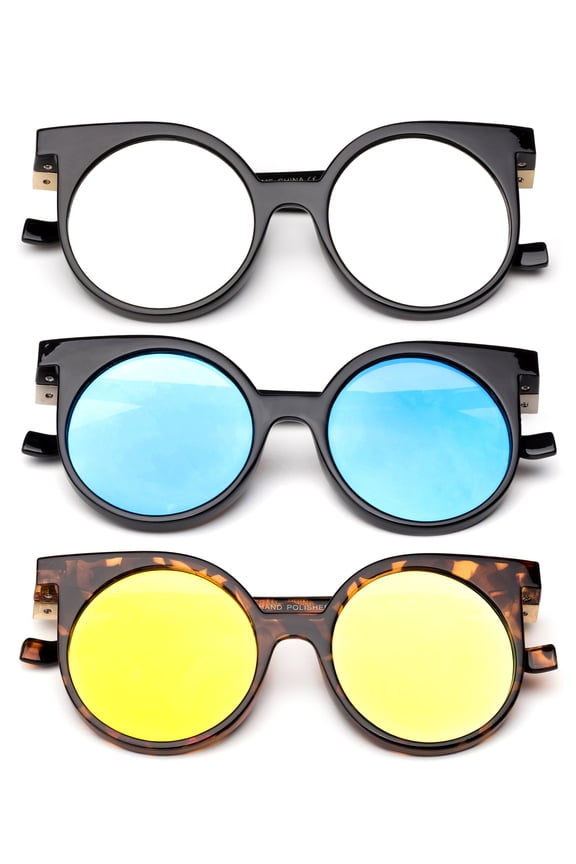 3 Pack Plastic Round Frame Fashion Sunglasses for Men for Women, Flash Mirror, Flat Lens