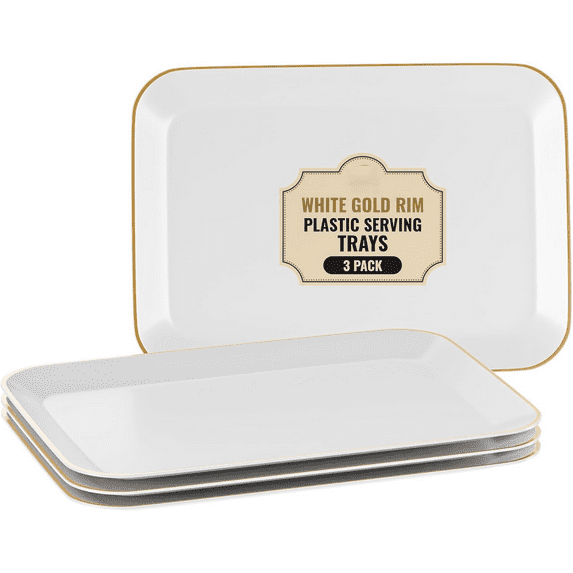 3 Pack Plastic Serving Trays for Party - White and Gold Serving Tray 8 by 11 in - Heavy Duty Dessert Trays for Food - Rectangular Party Serving Trays, Gold Platters