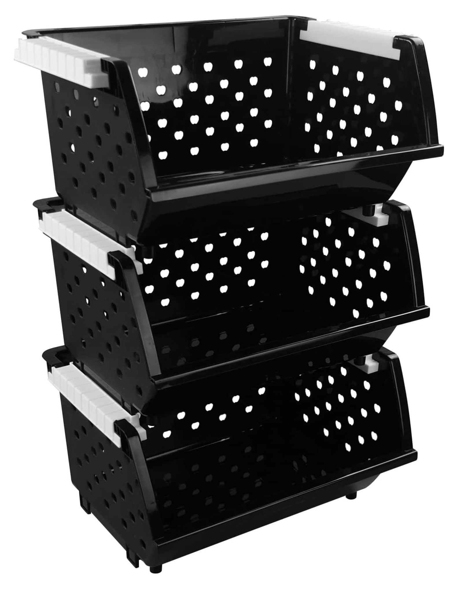 3-Pack Plastic Stackable Organizer Basket, Stacking Storage Basket, Black
