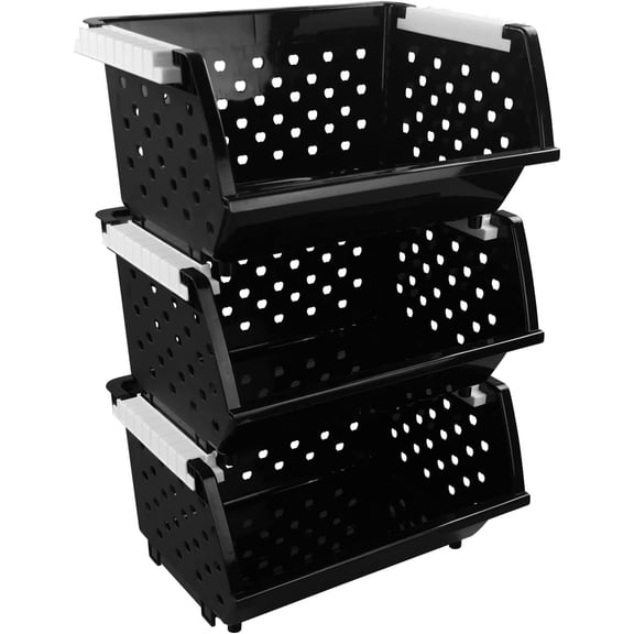 3-Pack Plastic Stackable Organizer Basket, Stacking Storage Basket, Black