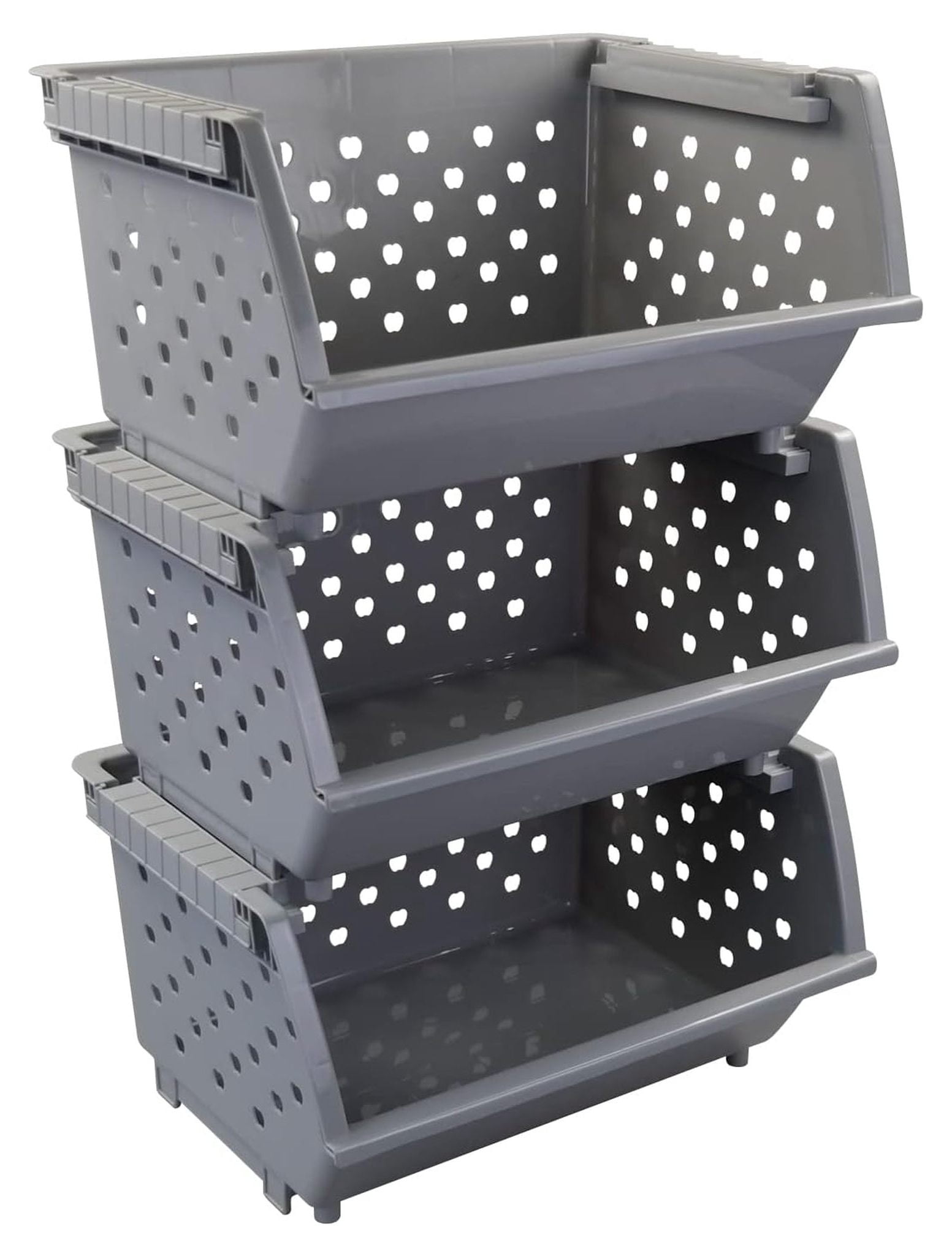 3-Pack Plastic Stackable Storage Baskets, Stacking Organizer Bins, Grey
