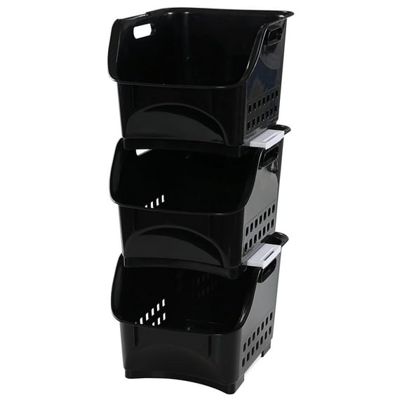 3-Pack Plastic Stackable Storage Bins, Black Stackable Bins For Pantry