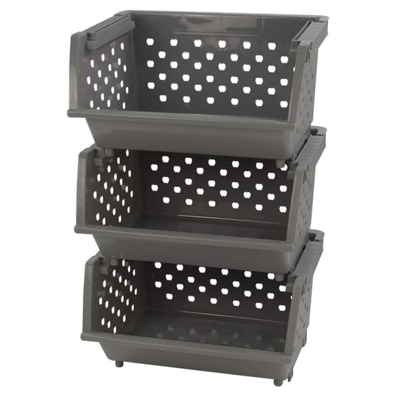3 Pack Plastic Stacking Organizer Basket, Open Front Large Stackable Storage Bins, Gray