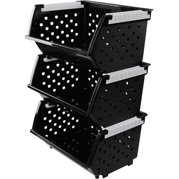 3-Pack Plastic Stacking Storage Basket, Stackable Bin Organizer, Black