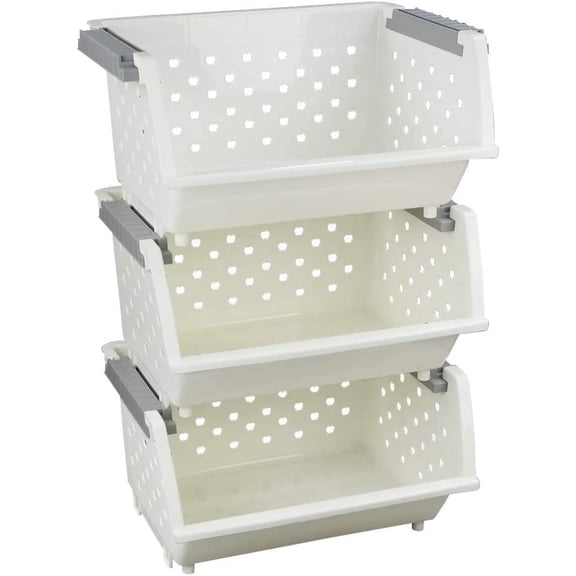 3-Pack Plastic Stacking Storage Organizer Basket, Stackable Basket, White