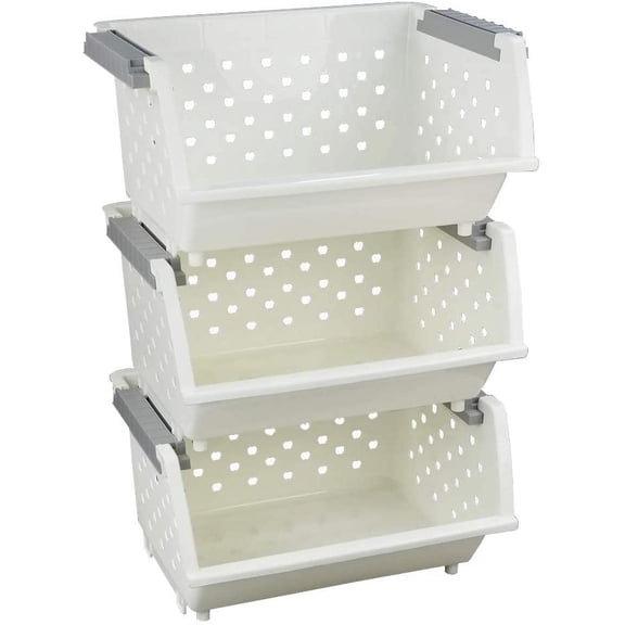 3-Pack Plastic Stacking Storage Organizer Basket, Stackable Basket, White