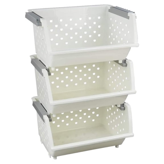3-Pack Plastic Stacking Storage Organizer Basket, Stackable Basket, White