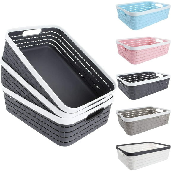 3 Pack Plastic Storage Baskets 14 x 10 x 4.5 Inch, Large Weave Storage Bins with Handle for Cabinet, Shelf, Kitchen, Bedroom, Bathroom and office Dark Grey