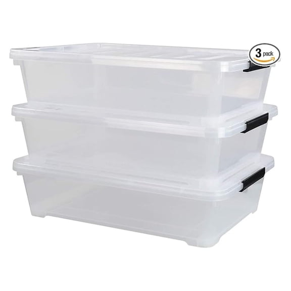 3-Pack Plastic Under Bed Storage Box Container, 40 Quart Clear Stackable Storage Box Wheeled Latching Box
