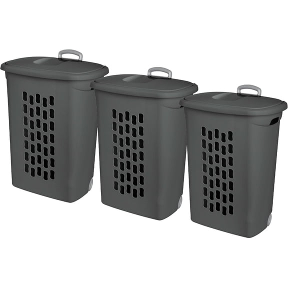 3-Pack Plastic Wheeled Laundry Hamper with Flip Lid and Handle